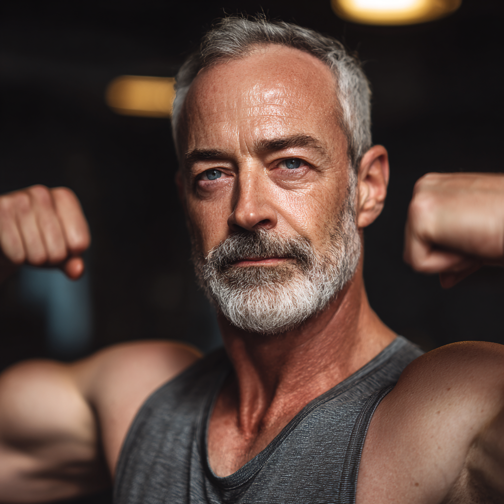 Middle-aged professional showing strength and confidence after cardio training